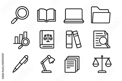 Legal Research Icons Grid. Outline icon set of legal research collaboration: magnifying glass, open book,