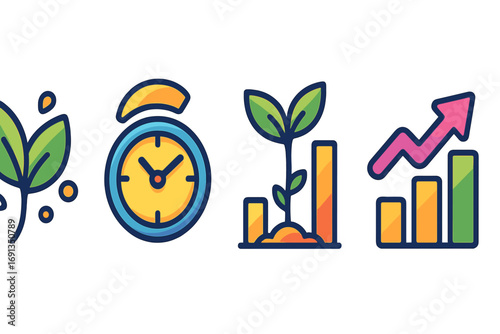 Growth icon set. Plant sprout. Time clock. Bar chart progress. Business development concept. Financial success arrow. Investment return. Nature evolution. Vector illustration.
