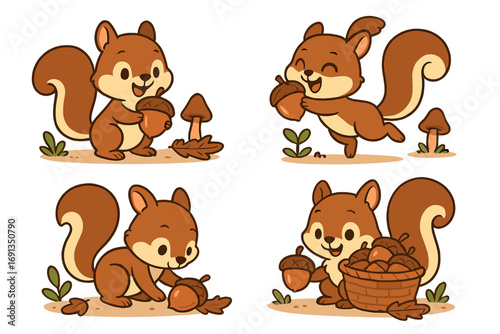 Cute squirrel character set. Cartoon animal collecting acorns in autumn forest. Happy playful chipmunk mascot collection. Kawaii woodland rodent vector illustration for kids.