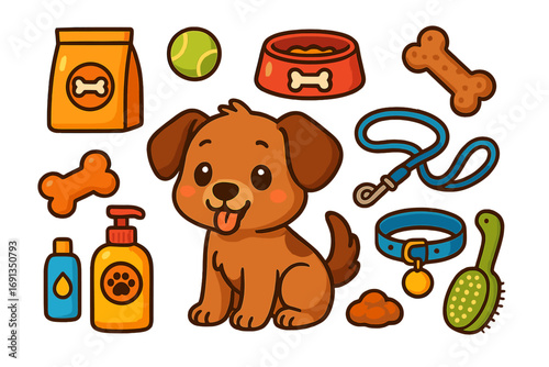 Cute puppy dog and pet care essentials set. Vector cartoon collection for dog owners. Includes food, bowl, leash, collar, bone, toy, ball, shampoo and brush icons.