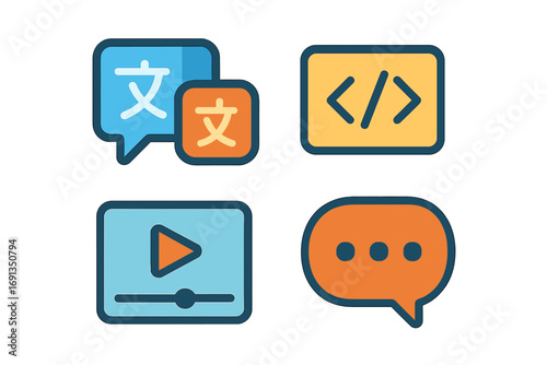 Modern flat icon set for web and app design. Vector symbols for language translation, programming code, video media player, and chat communication. UI UX graphic elements.
