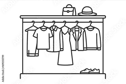 Minimalist wardrobe outline with clothing on hangers. Capsule wardrobe concept for fashion. Vector illustration of an organized closet with apparel and accessories essentials.