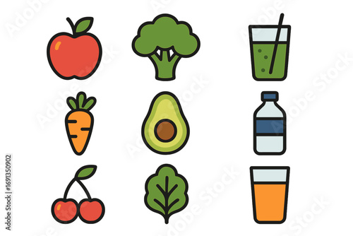 Healthy food icon set with fruit, vegetable and drink symbols. Simple vector line art for diet, nutrition and wellness concepts. Includes apple, avocado, carrot, smoothie, juice.