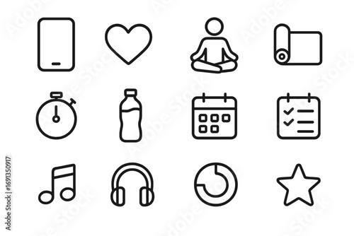 Wellness App Icon Set. Outline icon set of wellness and lifestyle apps: smartphone, heart icon, meditation
