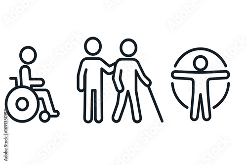 Accessibility icon set for inclusive design. Minimalist vector symbols of disability, mobility aids, and assistance. Wheelchair, blind person with cane, and universal access.