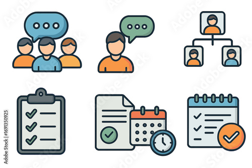 Business communication and project management icon set. Vector icons for teamwork, collaboration, task management, schedule planning, and deadlines for office workflow concepts.
