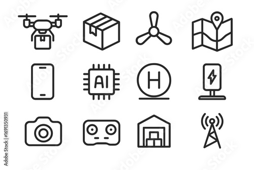 Drone Delivery Icons. Outline icon set of drone delivery systems: quadcopter, package, propeller, GPS map,