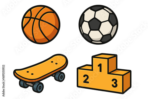 Sports icon set with basketball, soccer ball, and skateboard. Winner's podium for first, second, third place. Vector illustration for competition, championship, and athletic achievement.