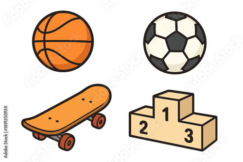 Sports equipment icon set for competition and championships. Vector collection with basketball, soccer ball, skateboard, and winner's podium for athletic games. Flat design.