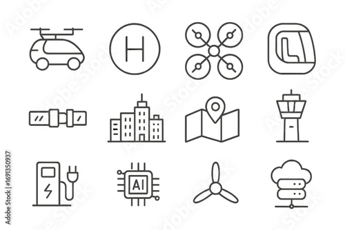 Urban Air Mobility Icons. Outline icon set of urban air mobility: flying taxi, helipad, drone rotor, passenger