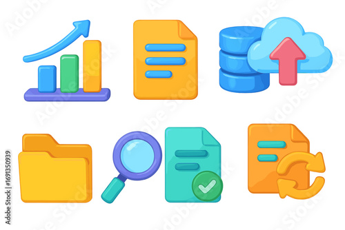 3D icon set for data management and business analytics. Vector cartoon illustration of document, cloud storage, file search, sync, and growth chart for web and app design.