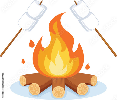 A fun cartoon campfire with logs and roasting marshmallows on sticks. A vector illustration for camping, summer, and outdoor concepts. Generative AI