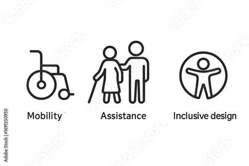 Accessibility icon set. Vector symbols for mobility aid, disability, and inclusive design. Wheelchair, elderly assistance, and universal access pictograms for web and print.