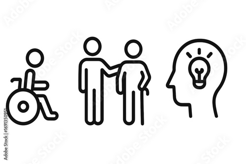 Minimalist icons for accessibility, mobility aids, and inclusive design. Vector symbols of disability, wheelchair, elderly care, assistance, and creative ideas for mental health.