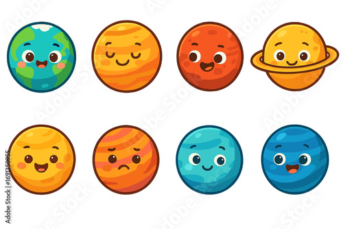 Cute cartoon planets characters set. Solar system kawaii faces collection. Earth, Mars, Jupiter, Saturn expressions. Vector space icons for kids. Astronomy graphic element.