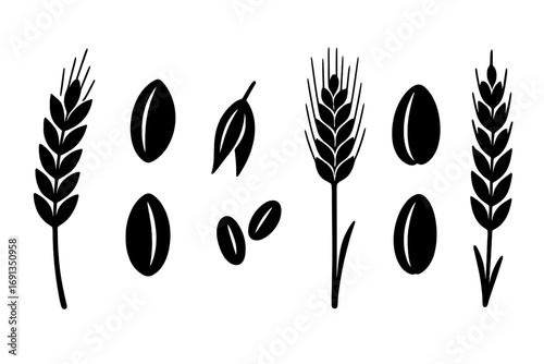 Set of grain and cereal icons. Black silhouettes of wheat, barley, rye stalks and seeds. Vector illustration for agriculture, harvest, bakery or organic food concepts.