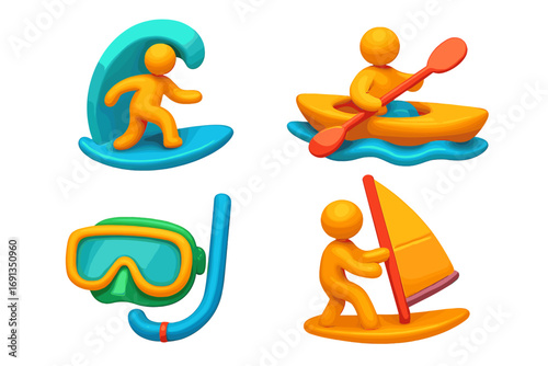 3D water sports icon set with character. Surfing, kayaking, windsurfing and snorkeling pictogram collection. Summer vacation active lifestyle. Vector cartoon illustration.