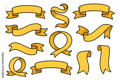 Set of yellow ribbon banners. Hand drawn cartoon vector illustration. Decorative scroll elements for text, labels, and tags. Vintage doodle style award and emblem collection.