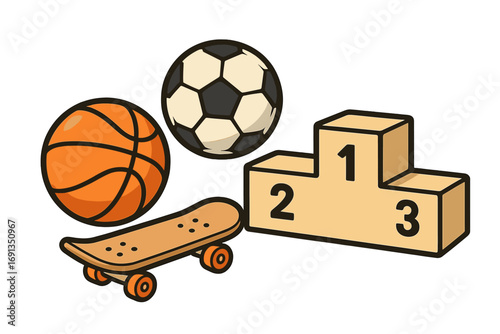 Sports equipment set for competition. Basketball, soccer ball, skateboard and winner podium. Concept of championship, victory, tournament. Vector cartoon flat icons isolated.