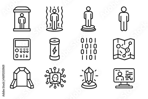 Teleportation Icon Set. Outline icon set of teleportation concepts: teleport pod, energy beam, hologram,