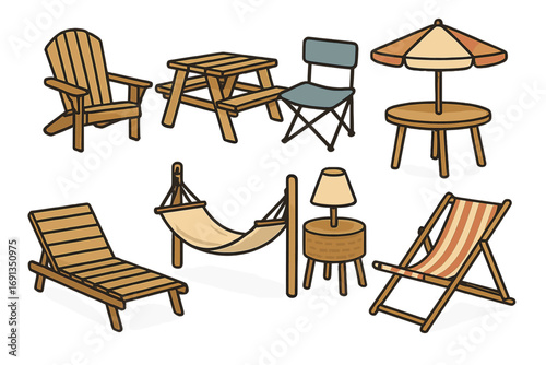 Outdoor furniture icon set for garden and patio. Vector cartoon illustrations of essentials for relaxation, recreation, and summer. Includes chair, table, hammock, lounger.