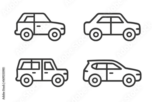 Car icon set. Minimalist line art vehicle symbols. Vector collection of automobile, SUV, sedan, and crossover pictograms. Simple black and white outline transport graphic.