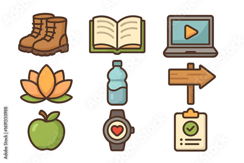 Healthy lifestyle icon set. Wellness and outdoor activity concept. Hiking, reading, fitness, nutrition symbols. Work life balance illustration. Vector icons for health.
