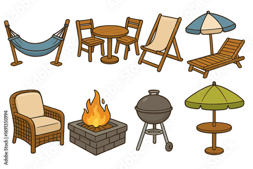 Outdoor furniture icon set for garden and patio. Vector cartoon collection for summer relaxation and recreation. Includes hammock, grill, fire pit, chair, and umbrella.