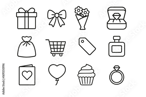 Gift-Giving Icon Set. Outline icon set of gift-giving: present box, ribbon, bouquet of flowers, jewelry box,