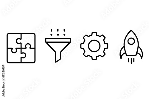 Business workflow and startup development icon set. Icons for strategy, data filtering, processing, and launch. Puzzle, funnel, gear, and rocket symbols. Thin line vector.
