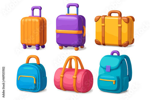Colorful 3d luggage icon set for travel and vacation. Vector cartoon illustration collection of suitcase, backpack, baggage. Journey and tourism concept design elements.
