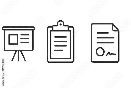 Minimalistic linear illustrations of documents icons, presentation board, clipboard, contract signature, office paperwork, business design elements for apps, websites, posts, cards