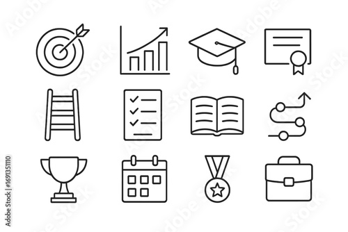Academic Icons Grid. Outline icon set of academic goals: target board, rising graph, graduation cap,