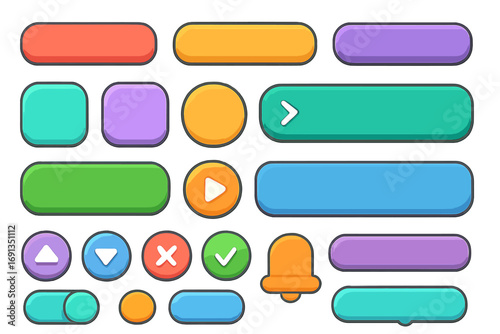 Modern cartoon UI buttons set for web design and mobile apps. Colorful user interface elements for game GUI. Vector UX kit with play, arrow, checkmark, and toggle switch.