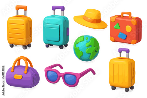 Colorful 3d luggage icon set for travel and vacation themes. Vector cartoon illustration collection. Suitcase, bag, globe, sunglasses, and hat for tourism journey design.