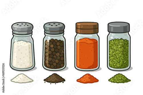 Seasoning and spices set in glass containers. Vector illustration of salt shaker, peppercorns, paprika, and dried green herbs. Cartoon cooking ingredients for kitchen design.