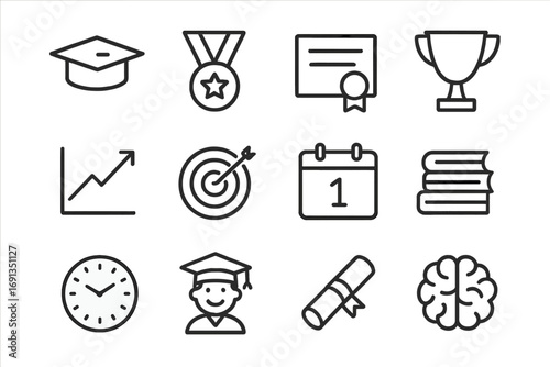 Academic Achievement Icons. Outline icon set of exam success: graduation cap, medal, certificate, trophy,