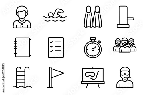 Diving Training Icons. Outline icon set of diving training: instructor, swimming pool, practice fins, dive