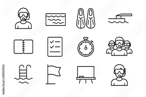 Diving Training Icons. Outline icon set of diving training: instructor, swimming pool, practice fins, dive