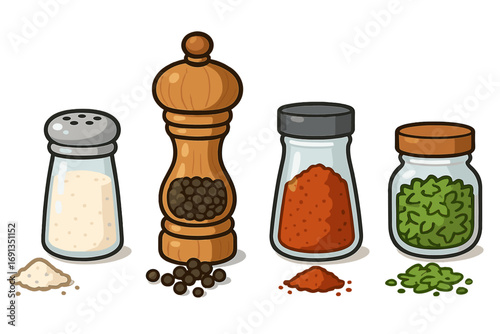 Set of seasoning containers with salt shaker, pepper mill, paprika, and dried herbs. Vector cartoon illustration of kitchen spices for cooking. Food ingredient icons collection.