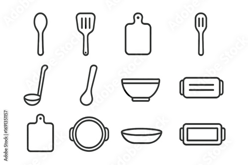 Wooden Kitchenware Icons. Outline icon set of wooden kitchenware: wooden spoon, spatula, cutting board, slot