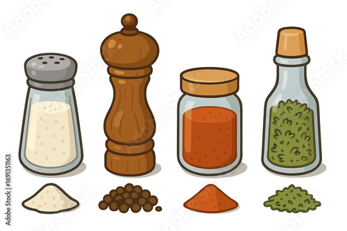 Set of seasoning containers vector illustration. Cartoon salt shaker, pepper mill, paprika jar, and herb bottle. Kitchen spices and cooking ingredients collection.