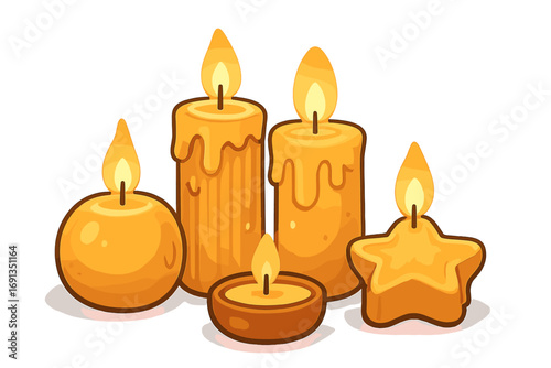 Collection of glowing cartoon candles for ambiance and relaxation. Set of various shaped wax lights like star and pillar. Warm flame for cozy decor. Vector illustration isolated.