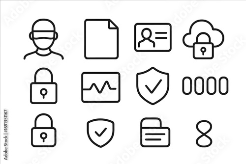 Anonymized Data Icons. Outline icon set of anonymized patient data: masked profile, folder icon, ID without