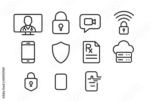 Secure Telemedicine Icons. Outline icon set of secure telemedicine: doctor on screen, padlock, video call,