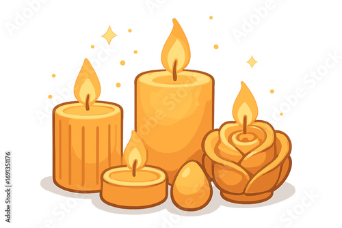 A set of decorative candles glowing warmly. Vector cartoon illustration for relaxation, spa, and ambiance. Various shapes including rose, pillar, and tea light. Isolated on white.