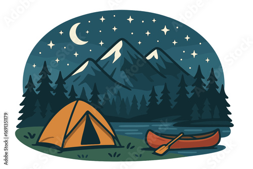 Night camping in wilderness. Tent, canoe by lake in pine forest. Mountain landscape under starry sky with moon. Outdoor adventure, travel concept. Vector illustration.