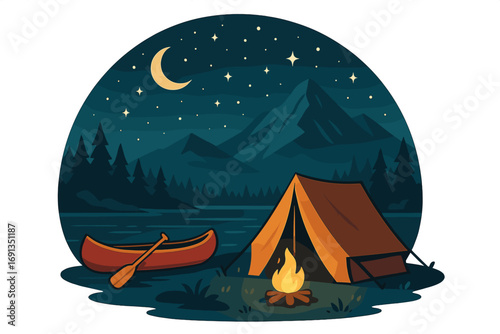 Camping night landscape with tent, campfire, and canoe by the lake. Vector illustration of outdoor adventure in the mountains under a starry sky with a crescent moon.