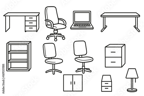 Office furniture line icon set, editable stroke vector illustration of desk chairs, laptop, filing cabinets, shelves, lamp, perfect for infographics, articles, banners, books