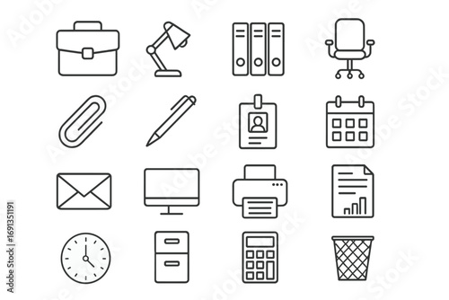 Office thin line icon set with editable stroke, vector cartoon illustration for banners, cards, social networks, apps, business office supplies, organized icons collection